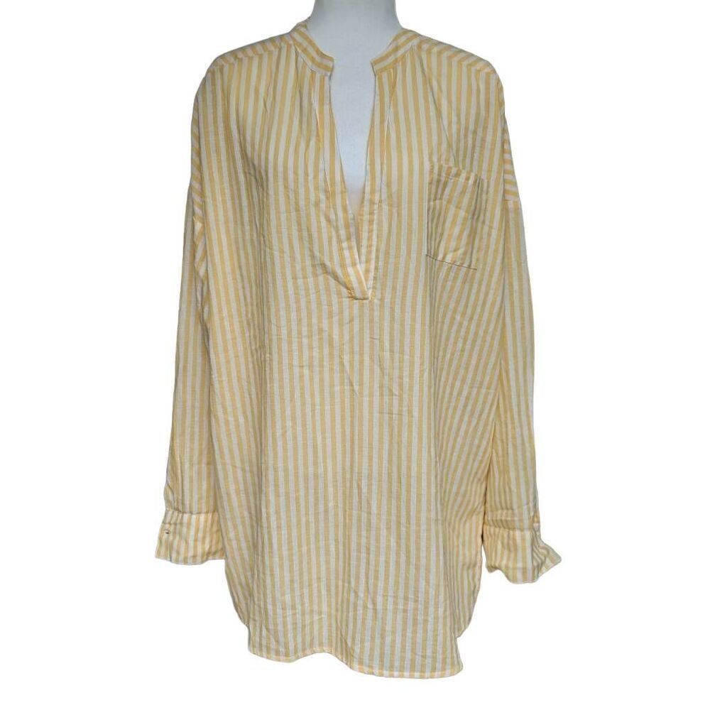 New O'Neill Belizin Yellow White Stripes Cover Up Oversized Size L Round V-neck - Picture 10 of 10